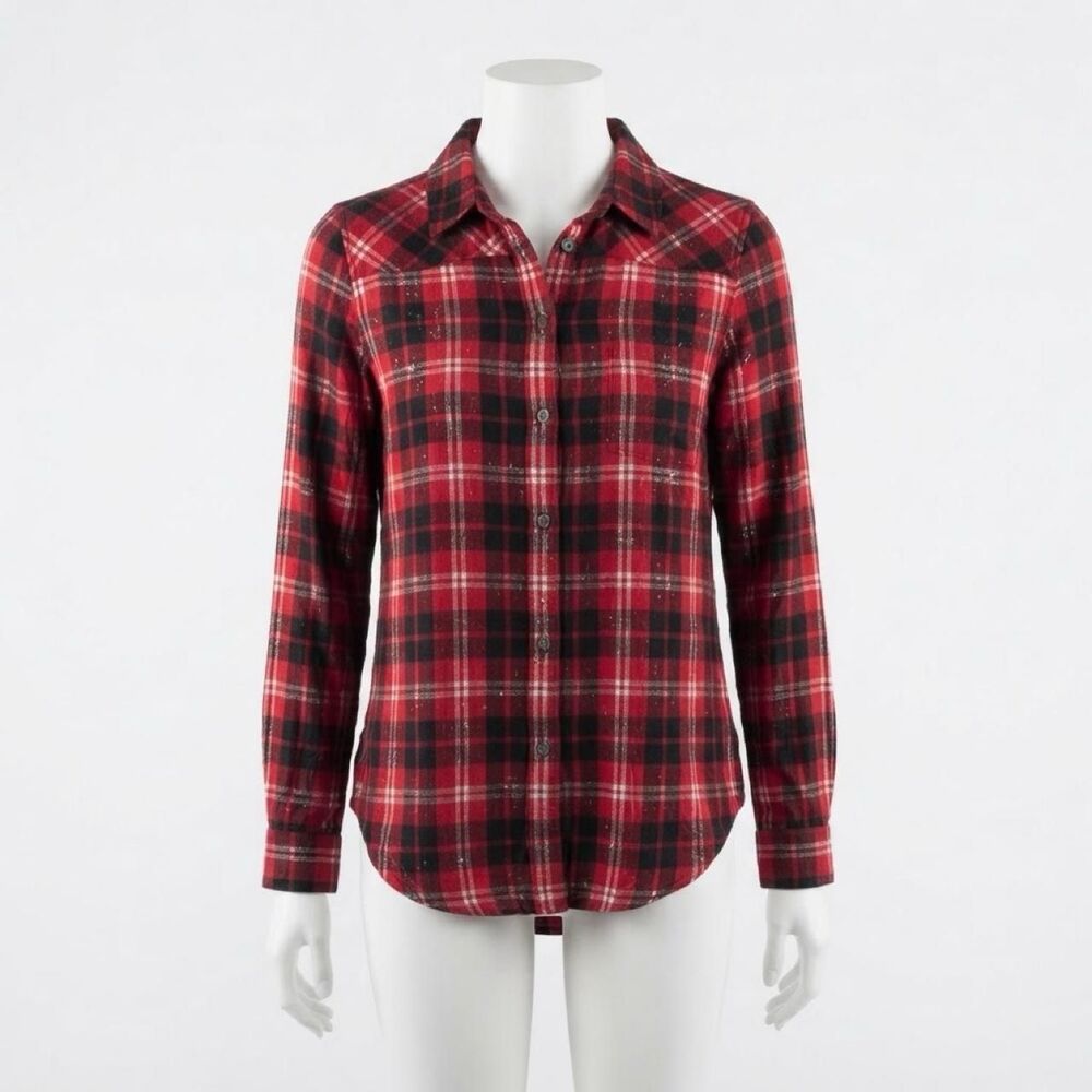 Rock & Republic Cozy Red Black White Plaid Flannel Indie Button Up XS Metallic